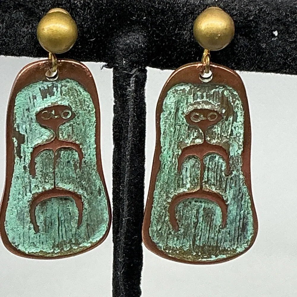 Vintage Copper Enamel Earrings Mid Century Modern Abstract Screw Back